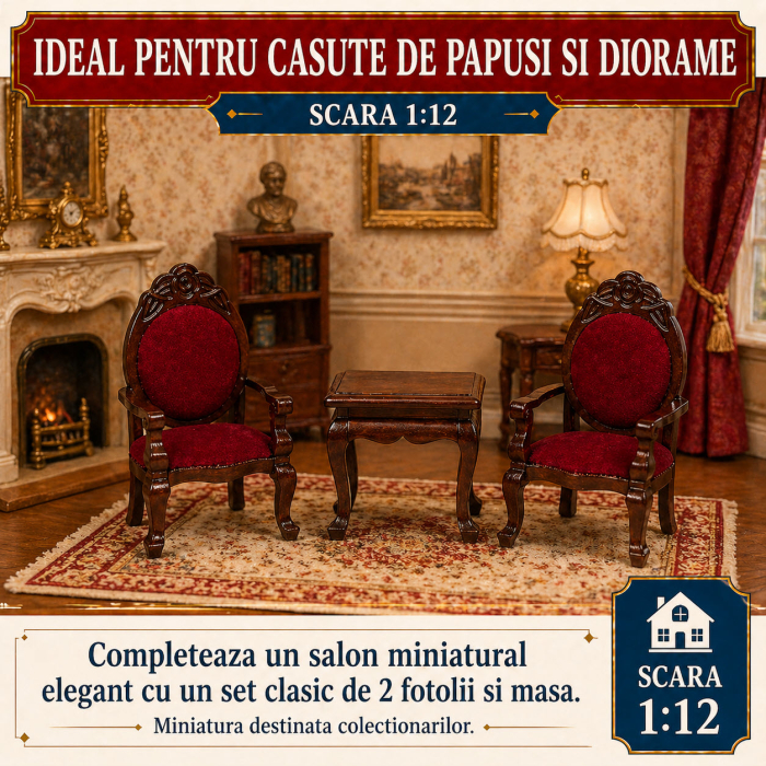 Set 2 fotolii si masa stil victorian din lemn nuc inchis, miniatura 1:12 pentru casute de papusi [4]