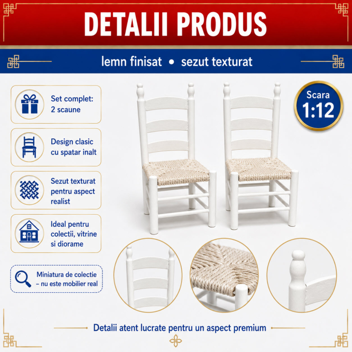Set 2 scaune albe din lemn, miniatura pentru casute de papusi, diorame si colectii [3]