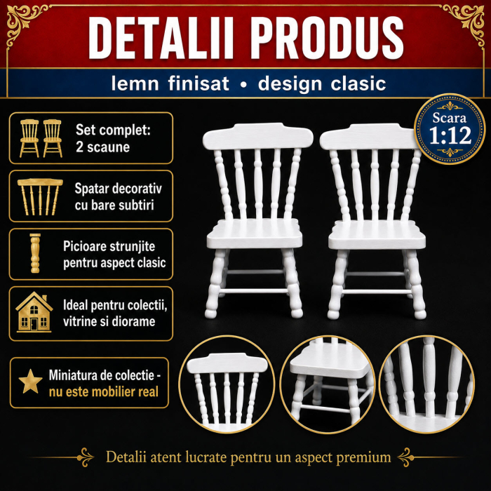 Set 2 scaune albe miniaturale cu spatar decorativ, din lemn, pentru casute de papusi si diorame [3]