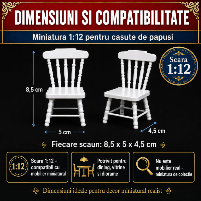Set 2 scaune albe miniaturale cu spatar decorativ, din lemn, pentru casute de papusi si diorame [2]