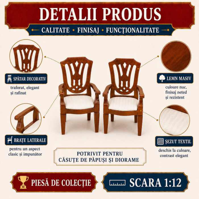 Set 2 scaune cu brate din lemn culoare nuc, miniatura 1:12 pentru casute de papusi [3]