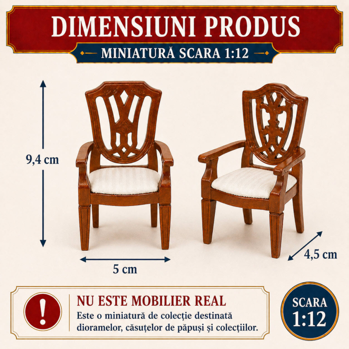 Set 2 scaune cu brate din lemn culoare nuc, miniatura 1:12 pentru casute de papusi [2]