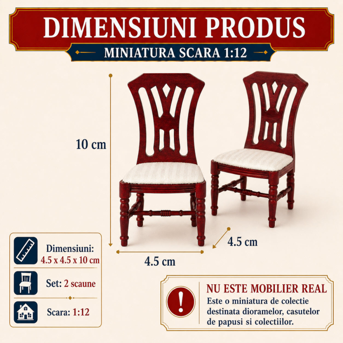 Set 2 scaune din lemn culoare mahon, miniatura 1:12 pentru casute de papusi [2]