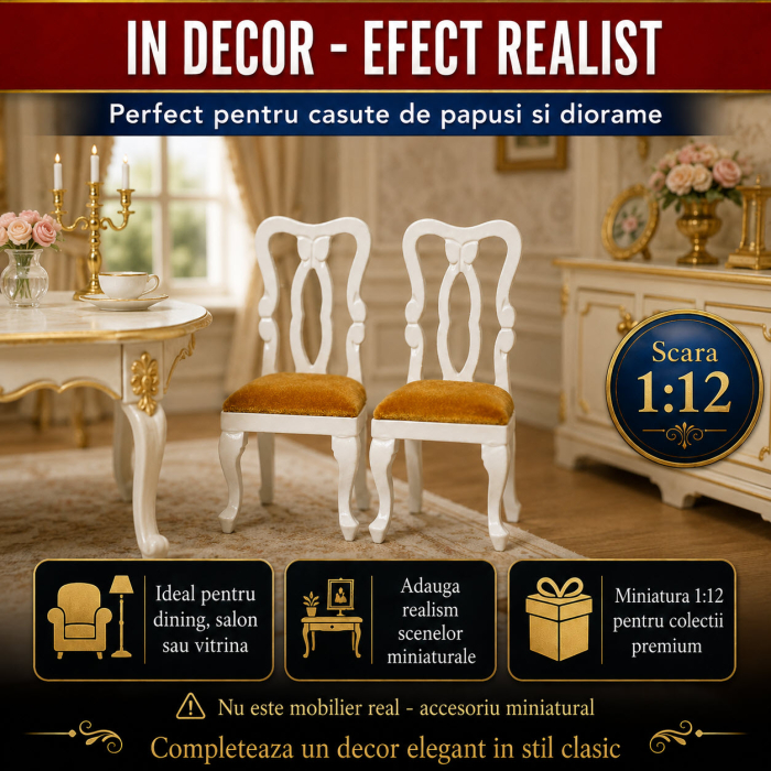 Set 2 scaune tapitate albe cu sezut maro, miniatura pentru casute de papusi si diorame [4]