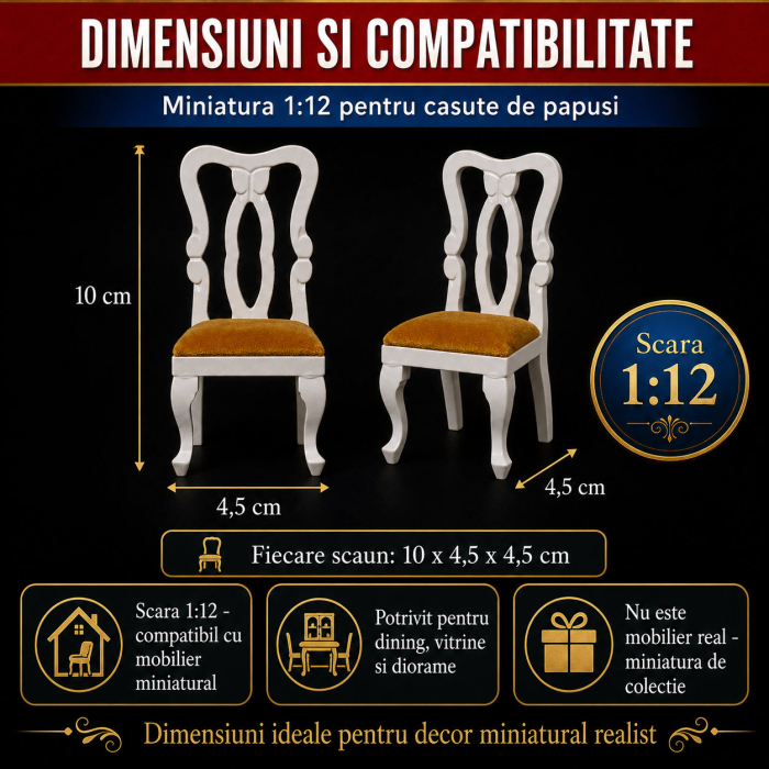 Set 2 scaune tapitate albe cu sezut maro, miniatura pentru casute de papusi si diorame [2]