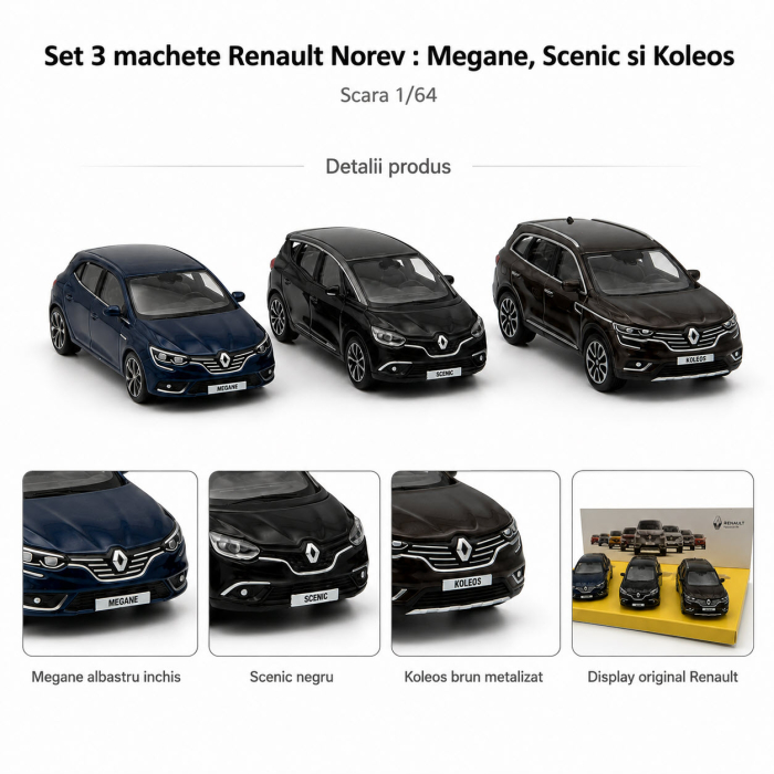 Set 3 machete Renault Megane, Scenic si Koleos, display original Renault, scara 1:64, Norev - varianta A [4]