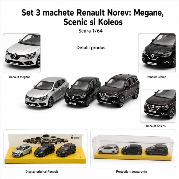 Set 3 machete Renault Megane, Scenic si Koleos, varianta B, display original Renault, scara 1:64, Norev [4]