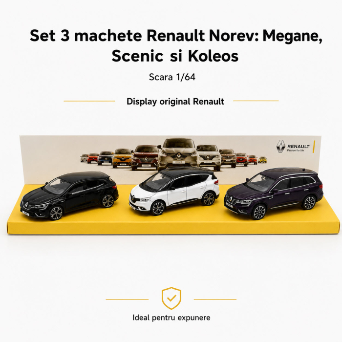Set 3 machete Renault Megane, Scenic si Koleos, varianta C, display original Renault, scara 1:64, Norev [6]