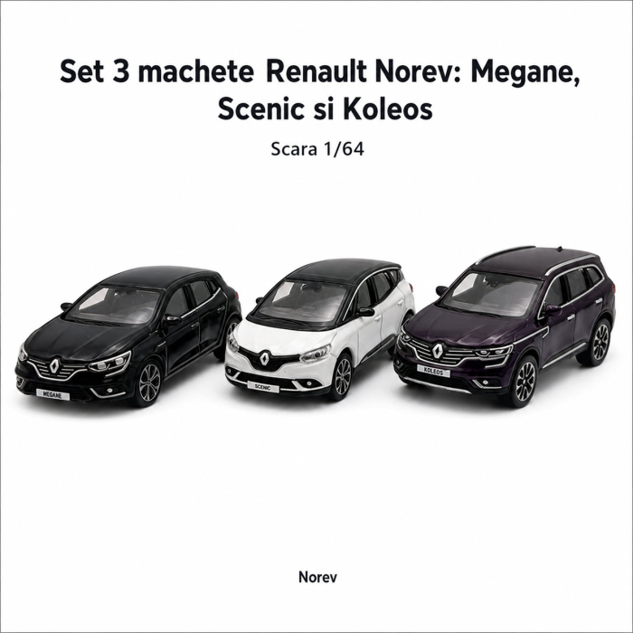 Set 3 machete Renault Megane, Scenic si Koleos, varianta C, display original Renault, scara 1:64, Norev [2]