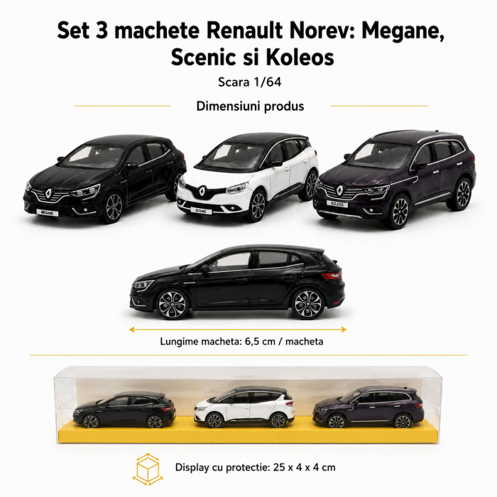 Set 3 machete Renault Megane, Scenic si Koleos, varianta C, display original Renault, scara 1:64, Norev [3]