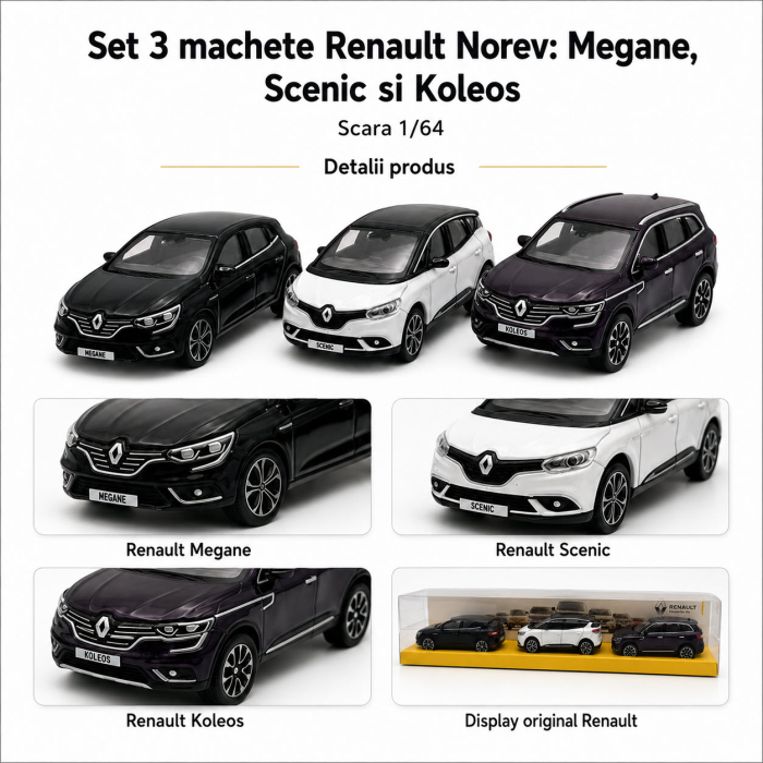Set 3 machete Renault Megane, Scenic si Koleos, varianta C, display original Renault, scara 1:64, Norev [4]