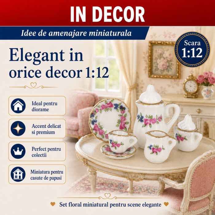 Set ceai floral din portelan cu margini aurii, miniatura 1:12 pentru casute de papusi [4]