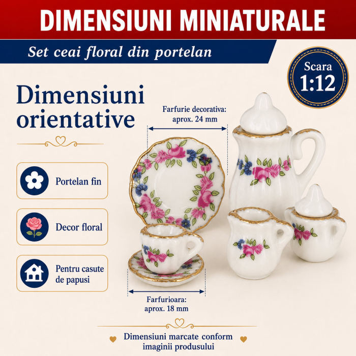 Set ceai floral din portelan cu margini aurii, miniatura 1:12 pentru casute de papusi [2]