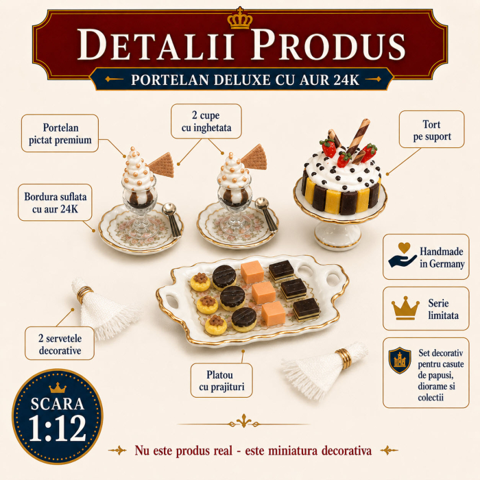 Set desert Royal din portelan Deluxe cu aur 24K, miniatura 1:12 pentru colectionari [3]