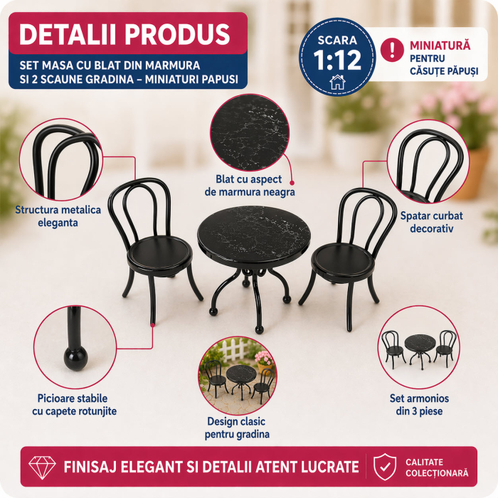 Set masa cu blat din marmura si 2 scaune de gradina - miniaturi papusi [3]