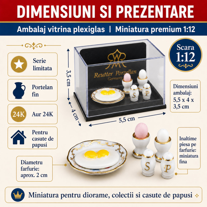 Set mic dejun cu oua din portelan cu aur 24K, miniatura 1:12 pentru colectionari [2]