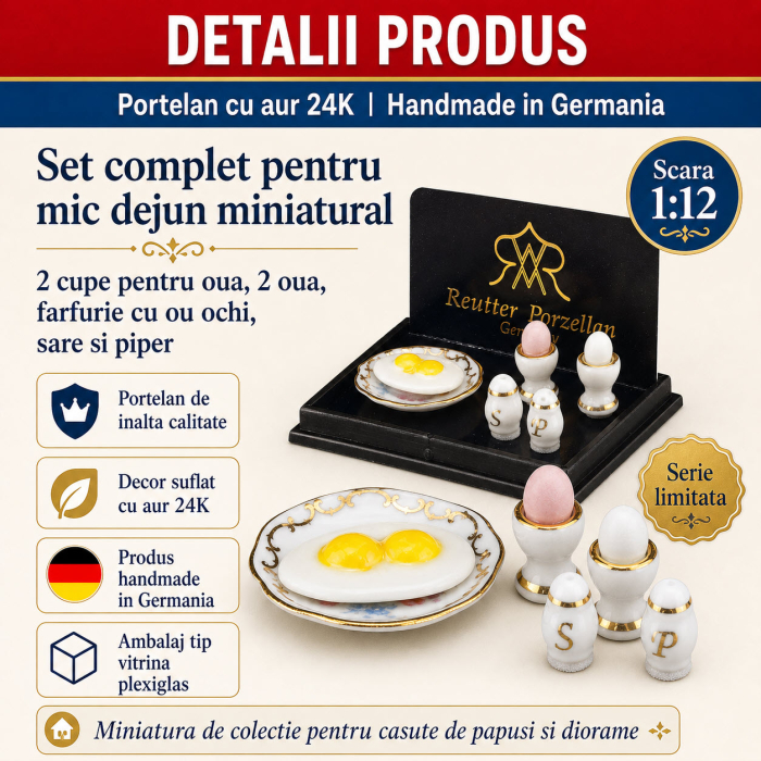 Set mic dejun cu oua din portelan cu aur 24K, miniatura 1:12 pentru colectionari [3]