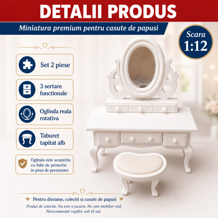 Set toaleta cu oglinda rotativa si taburet alb, miniatura 1:12 pentru casute de papusi [3]
