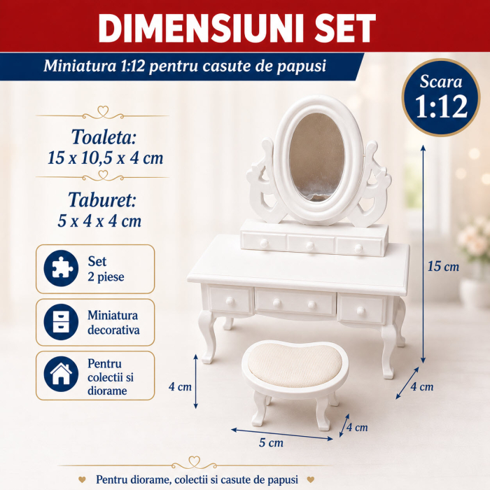 Set toaleta cu oglinda rotativa si taburet alb, miniatura 1:12 pentru casute de papusi [2]