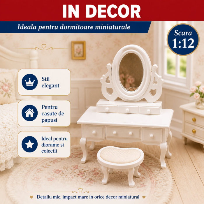 Set toaleta cu oglinda rotativa si taburet alb, miniatura 1:12 pentru casute de papusi [4]