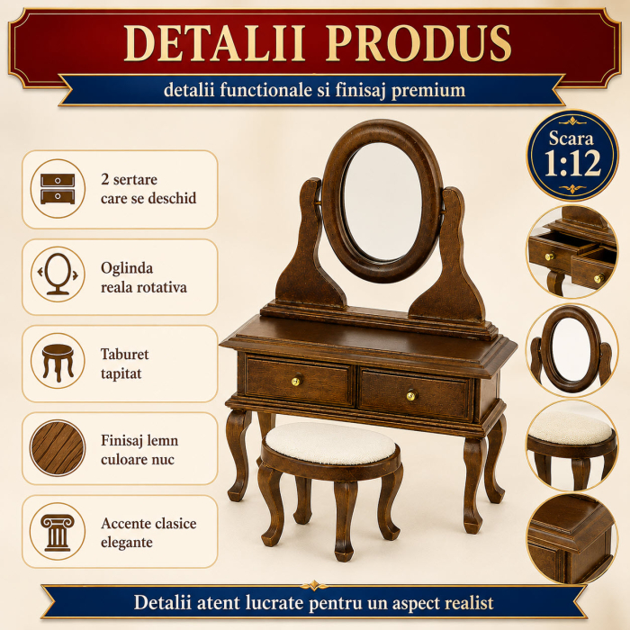 Set toaleta cu oglinda si taburet nuc, miniatura 1:12 pentru casute de papusi [3]