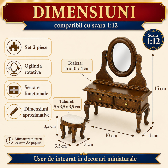 Set toaleta cu oglinda si taburet nuc, miniatura 1:12 pentru casute de papusi [2]