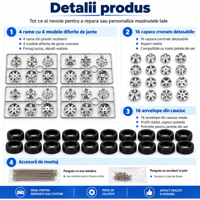 Set Universal 16 Roti Tuning Cromate cu Capace si Axe pentru Machete Auto 1/18 - 1/24 [3]