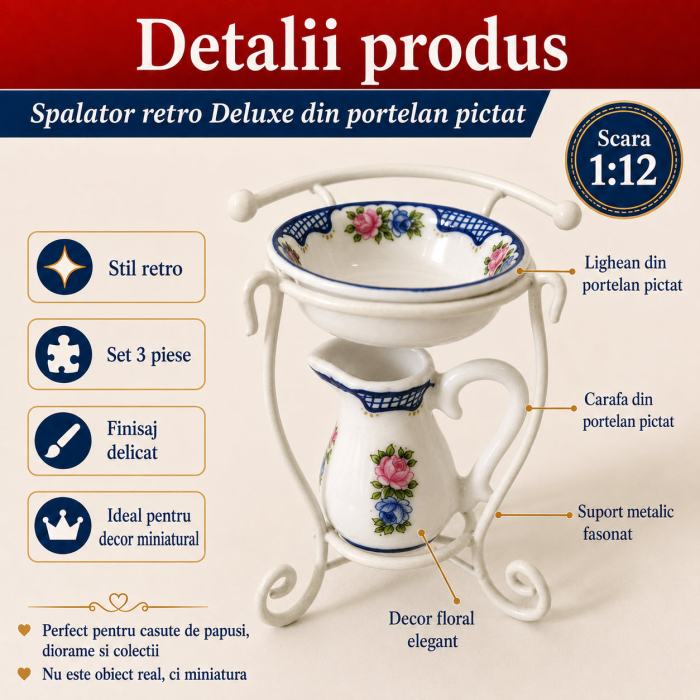 Spalator retro Deluxe din portelan pictat cu suport metalic, miniatura 1:12 pentru casute de papusi [3]