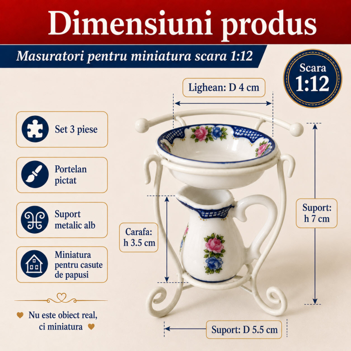 Spalator retro Deluxe din portelan pictat cu suport metalic, miniatura 1:12 pentru casute de papusi [2]