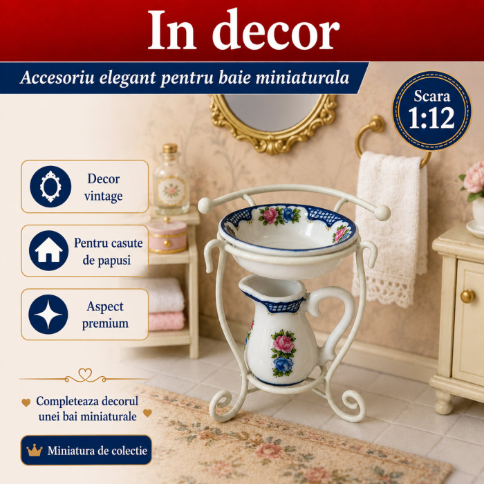 Spalator retro Deluxe din portelan pictat cu suport metalic, miniatura 1:12 pentru casute de papusi [4]