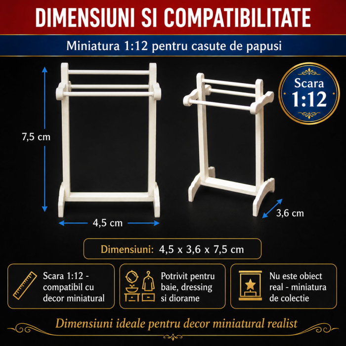 Suport alb din lemn pentru prosoape, miniatura pentru casute de papusi si diorame [2]