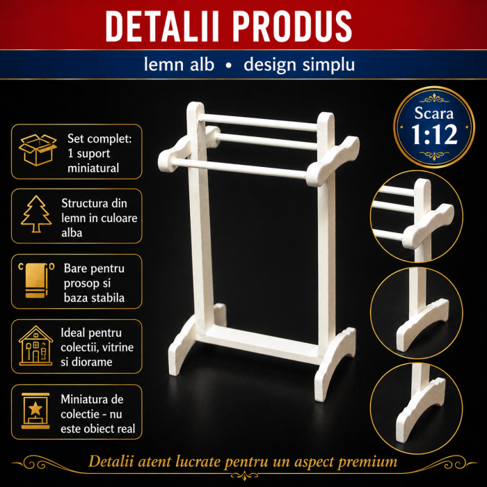 Suport alb din lemn pentru prosoape, miniatura pentru casute de papusi si diorame [3]