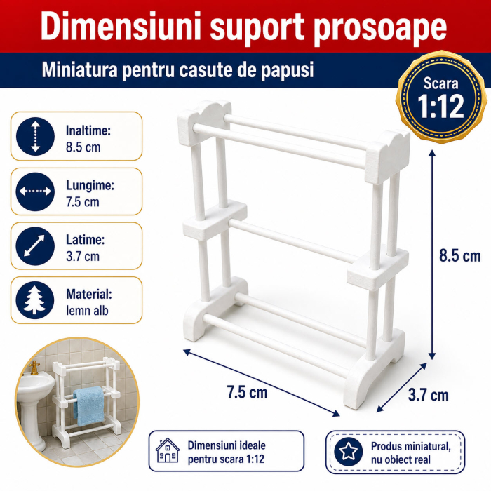Suport prosoape alb din lemn, miniatura 1:12 pentru casute de papusi [2]