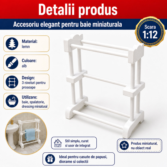 Suport prosoape alb din lemn, miniatura 1:12 pentru casute de papusi [3]