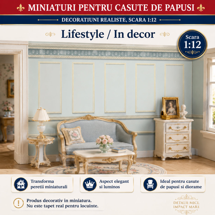 Tapet clasic bleu cu panouri decorative 42 x 59,4 cm, miniatura pentru casute de papusi [4]