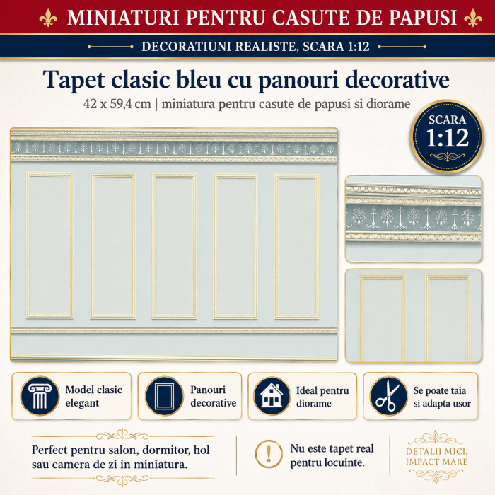 Tapet clasic bleu cu panouri decorative 42 x 59,4 cm, miniatura pentru casute de papusi [3]