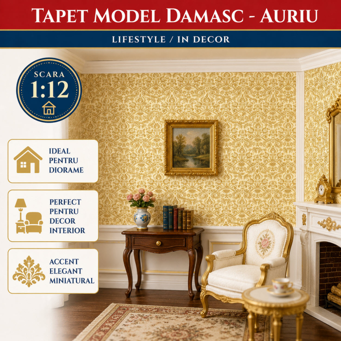 Tapet Damasc auriu 42 x 59,4 cm, miniatura pentru casute de papusi si diorame [4]