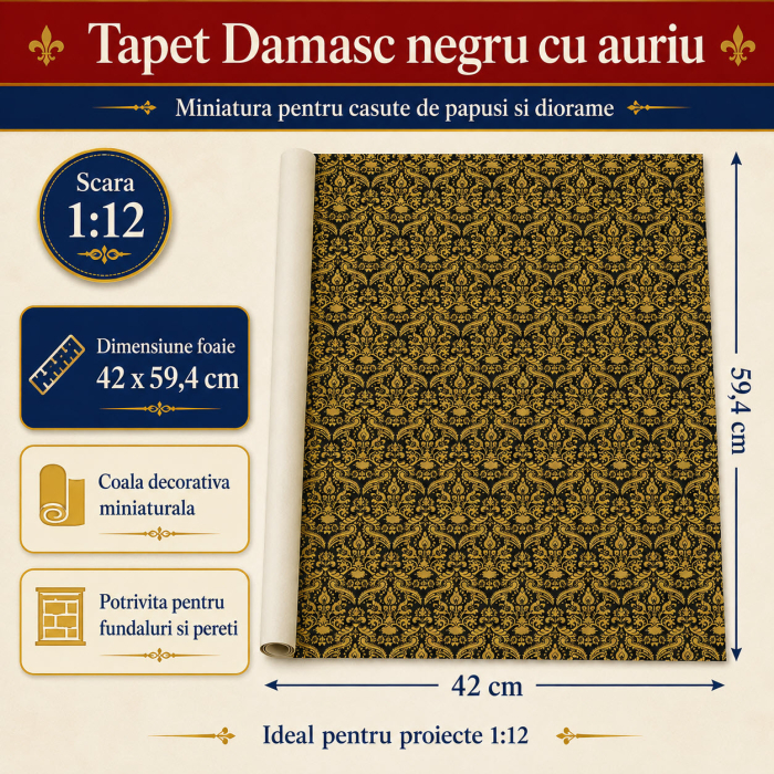 Tapet Damasc negru cu auriu 42 x 59,4 cm, miniatura pentru casute de papusi si diorame [3]