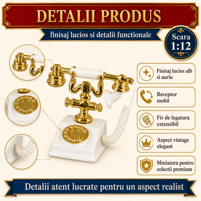 Telefon vintage alb cu auriu, miniatura pentru casute de papusi si colectii [3]