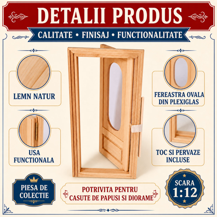 Usa intrare din lemn natur cu fereastra ovala, miniatura 1:12 pentru casute de papusi [3]