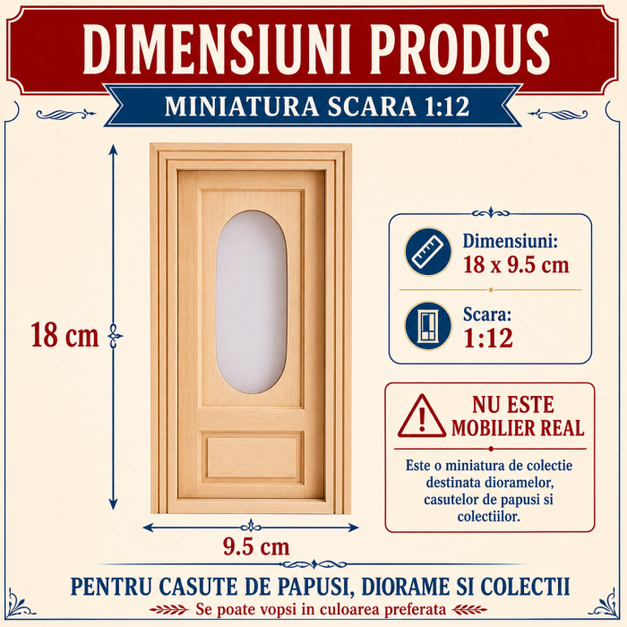 Usa intrare din lemn natur cu fereastra ovala, miniatura 1:12 pentru casute de papusi [2]