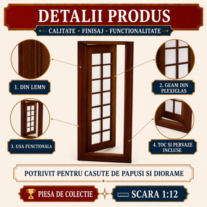 Usa miniaturala din lemn culoare nuc cu geam din plexiglas, miniatura 1:12 pentru casute de papusi [3]