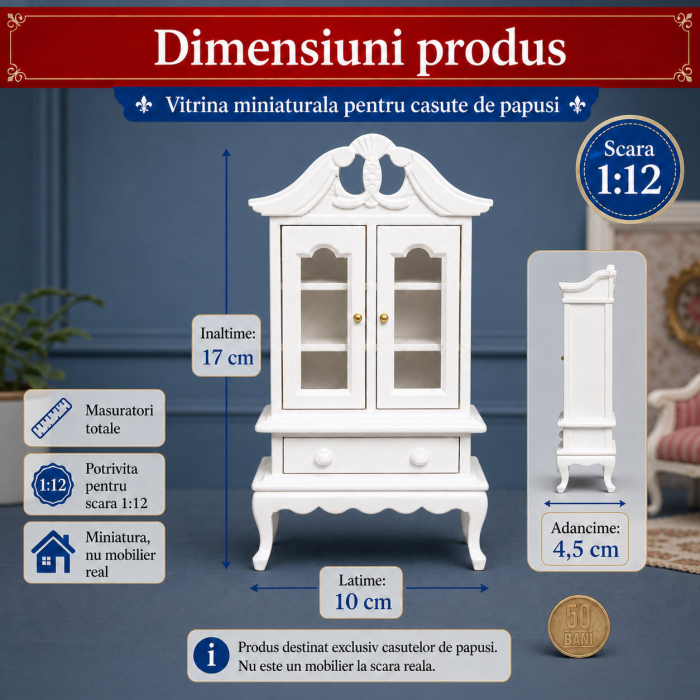 Vitrina victoriana alba cu 2 usi si sertar, miniatura 1:12 pentru casute de papusi [2]