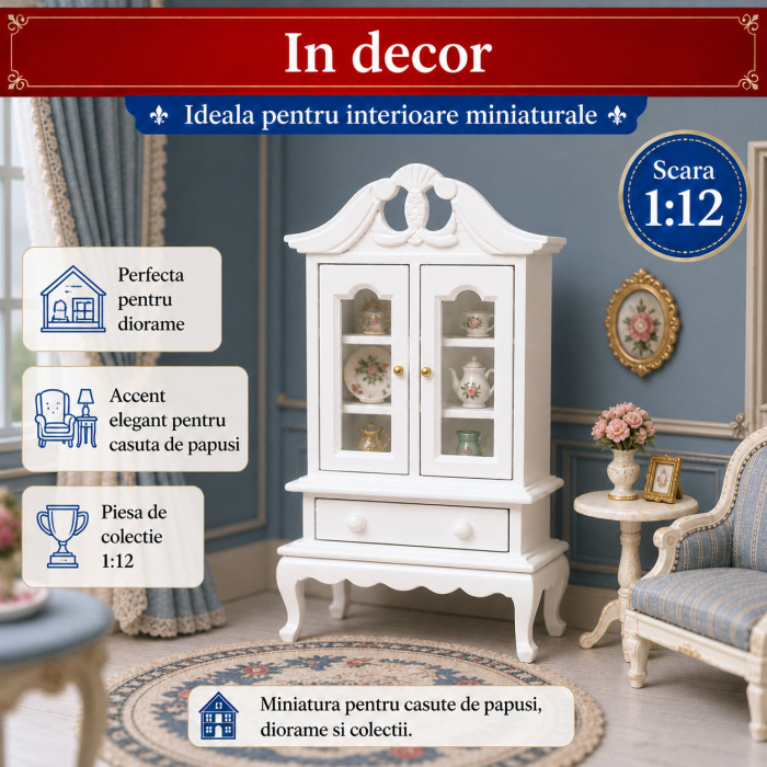 Vitrina victoriana alba cu 2 usi si sertar, miniatura 1:12 pentru casute de papusi [4]