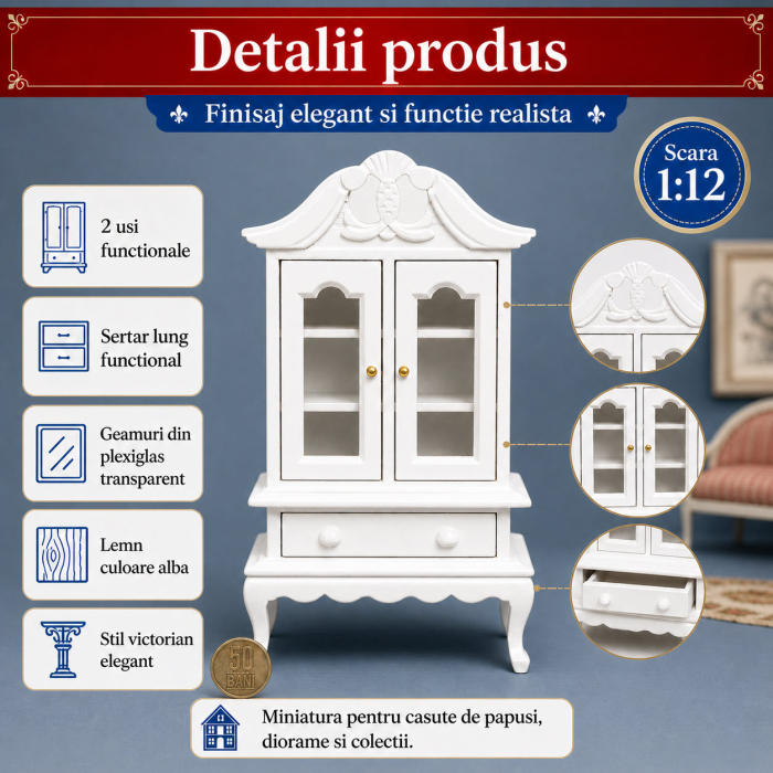Vitrina victoriana alba cu 2 usi si sertar, miniatura 1:12 pentru casute de papusi [3]