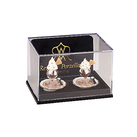 Accesorii si cadouri din portelan deluxe cu Aur 24 K - Set cupe inghetata pe farfuriuta - miniatura colectionari papusi la scara 1:12
