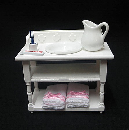 BAIE - Obiecte sanitare si Accesorii baie casuta papusi - Masuta cu spalator retro - cu accesorii din portelan - culoare alba- miniatura