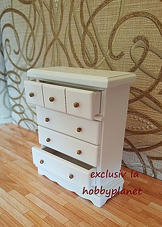 CASUTE DE PAPUSI LA SCARA 1:12 – mobilier și accesorii premium pentru colecționari - Comoda inalta cu sertare alba - miniatura la scara 1:12