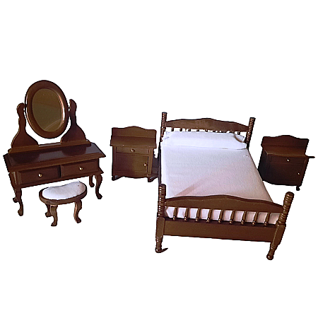 DORMITOR - mobilier si accesorii miniaturi papusi - Dormitor complet 5 piese din lemn nuc-miniatura casute de papusi papusi