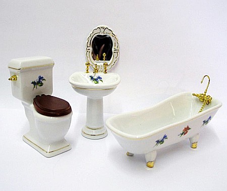 BAIE - Obiecte sanitare si Accesorii baie casuta papusi - Baie -obiecte sanitare PORTELAN alb cu model  set 4 piese DELUXE - miniaturi papusi/colectionari